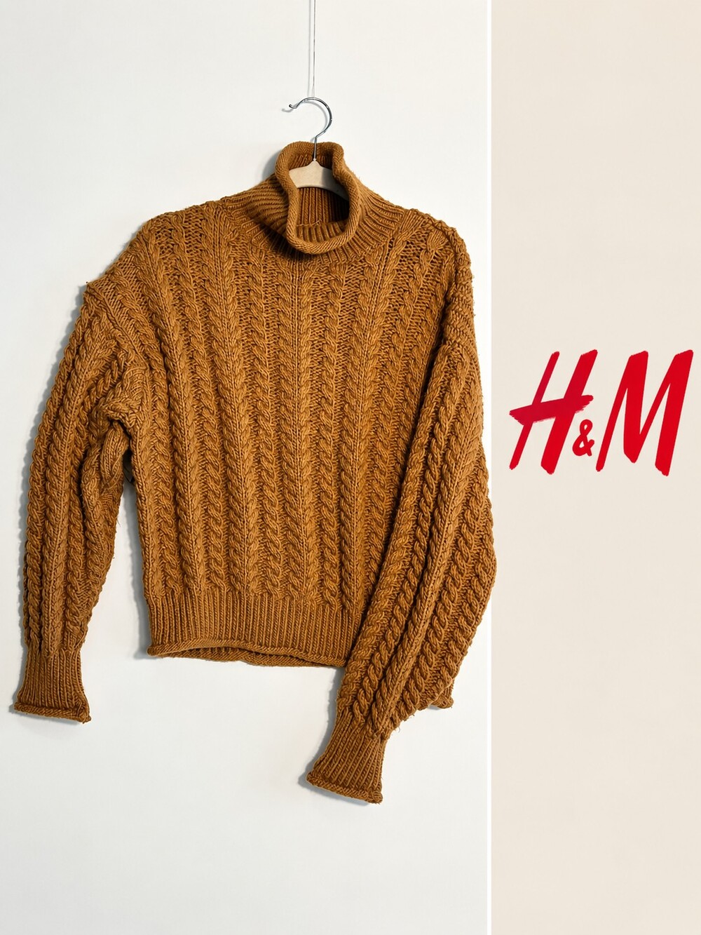 H&M Camel Cable Knit Turtleneck Sweater S Oversized Chunky Knit